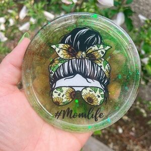 Mom Life Resin Coaster Tray – Handmade Alcohol Ink Coaster with Sunflower Decal